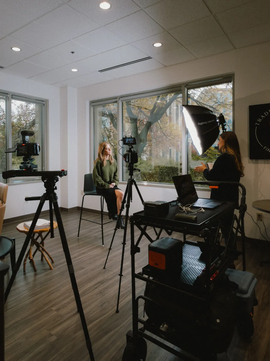 Interview setup on location, two cameras and a key light